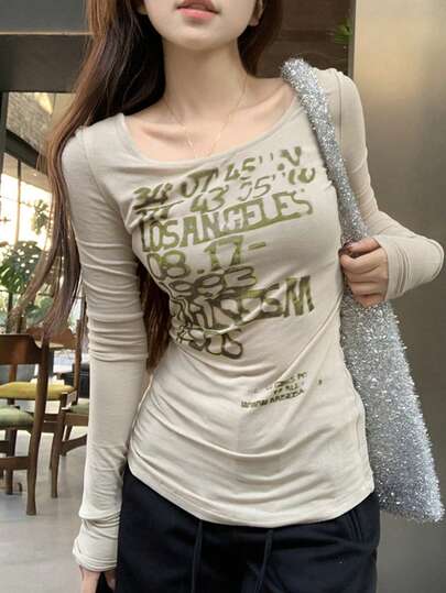 复古美式风格图案长袖修身女式 T 恤，打底上衣
