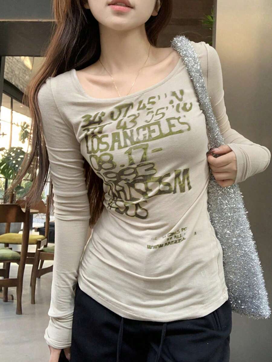 复古美式风格印花长袖修身T恤,女士款,春季休闲打底衫 - 淺卡色 - 查看 1