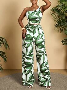 JANE'S Summer Women's Casual Leaf Print One Shoulder Crop Top And Wide Leg Pants 2 Pieces Set Tropical Vacation Outfit - Green - View 4