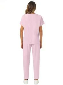2Pcs Simple Plain Batwing Sleeve Top & Pants Scrub Uniform Set - Dusty Pink - View 3