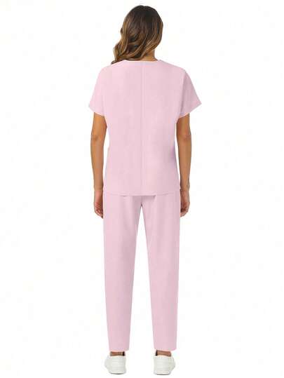 2Pcs Simple Plain Batwing Sleeve Top & Pants Scrub Uniform Set Spring
