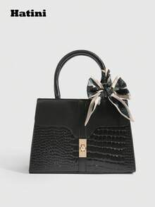 HATINI 大号蝴蝶结编织手柄手提包，可DIY制作优雅复古鳄鱼拼布梯形手提包宽敞的通勤手提包，配有可调节肩带，可手提、肩背或斜挎，适合办公室、日常外出、周末购物或短途旅行，是送给朋友、家人、女朋友的时尚礼物