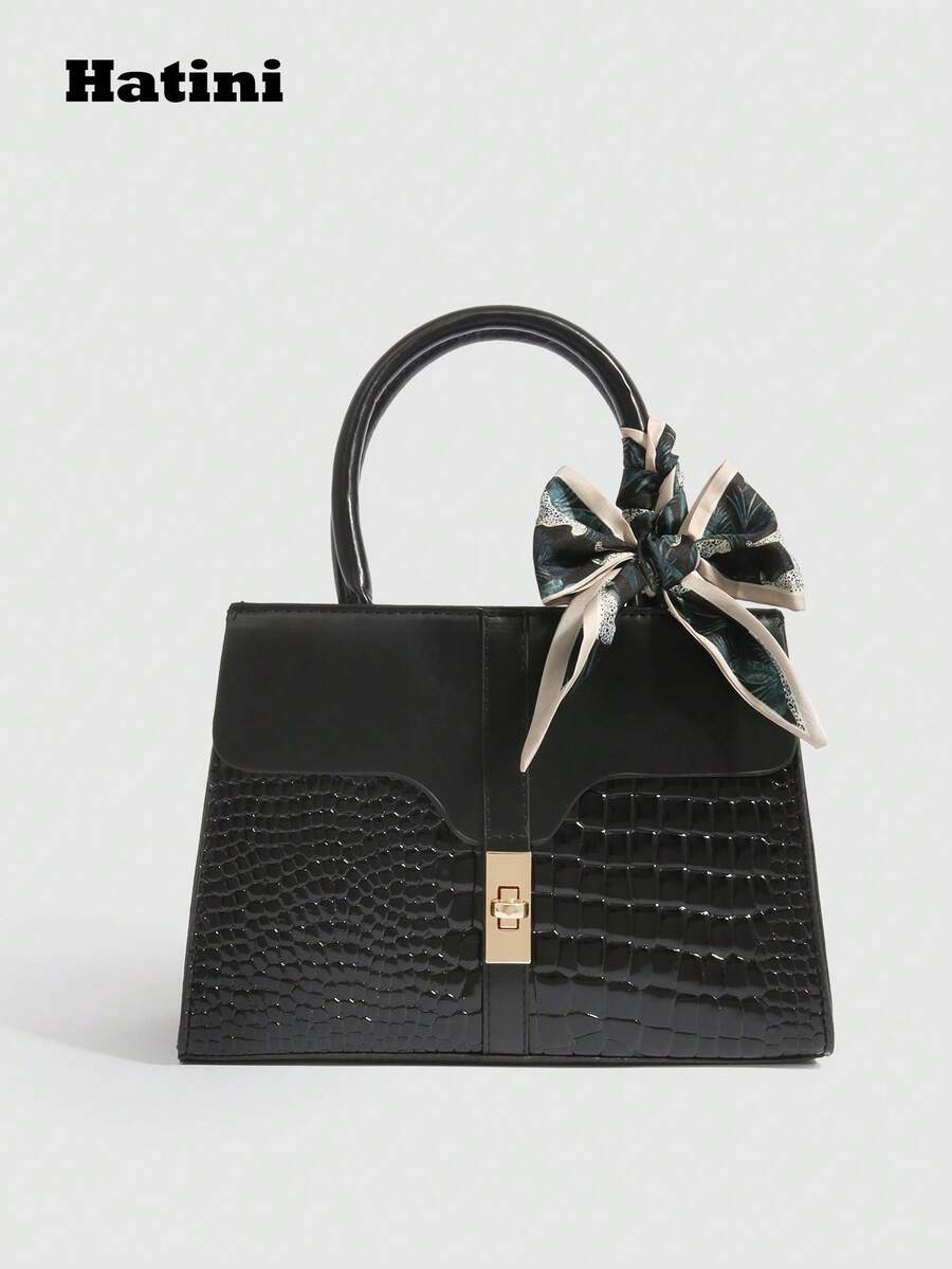 HATINI 大号蝴蝶结编织手柄手提包，可DIY制作优雅复古鳄鱼拼布梯形手提包宽敞的通勤手提包，配有可调节肩带，可手提、肩背或斜挎，适合办公室、日常外出、周末购物或短途旅行，是送给朋友、家人、女朋友的时尚礼物