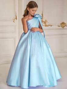 Tween Girls Asymmetric Bow Bridesmaid Party Dress, Elegant Beauty Pageant Princess Banquet Gown For Girls, Graduation Ceremony Birthday Wedding Prom Dress - Blue - View 1