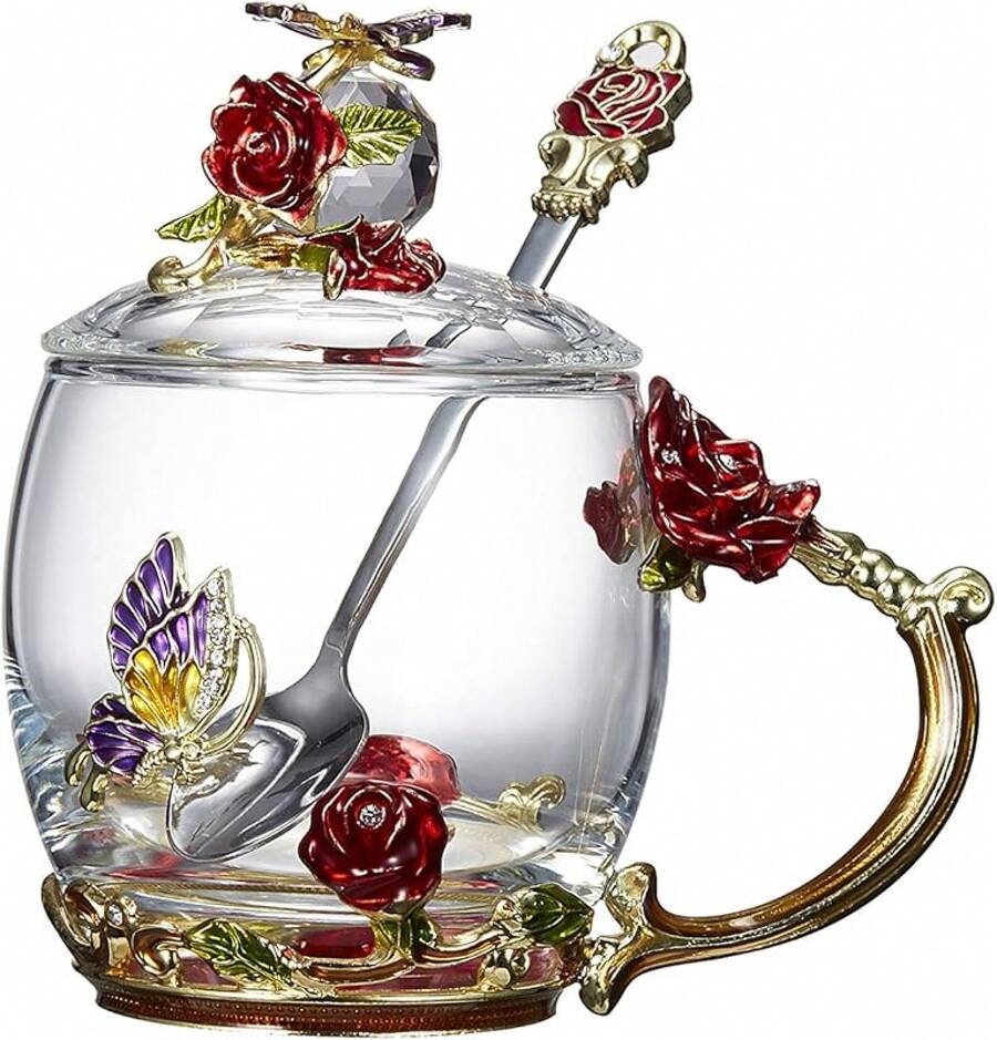 Taza de té de flor de vidrio transparente (con cuchara y tapa), tazas de té elegantes, taza de té de flor, taza de té como regalo, regalos para mujeres, regalo para el Día de la Madre, en caja de regalo. (Taza alta azul rosa) - Rojo - Ver 1