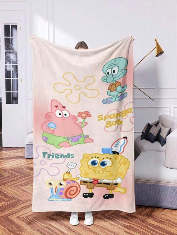 SPONGEBOB 1pc SpongeBob Printed Blanket - Warm Flannel, Multi-Color Digital Printing, All-Season Tear-Resistant, Machine Washable, Suitable For Sofa, Bed, Office, Camping, Travel, Birthday & Holiday Gifts - 200-250g Polyester Fiber Fill, Holiday Gift | Retro Stitching | Soft Flannel Fabric