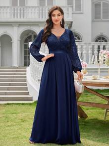 MIUSOL Elegant Floral Lace Deep V-Neck Lantern Sleeve Pleated Hem Evening Party Long Dress Wedding Spring - Navy Blue - View 12