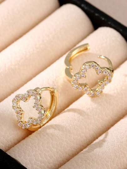 1 Pair Luxury Copper Zirconia Hollow Flower Petal Earrings, Fashionable Earrings Gift For Women, Valentine's Day