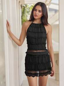 Womens Two Piece Summer Outfits Sleeveless Ruched Halter Tops And Mini Skirt Set Clubwear - Negro - Ver 3