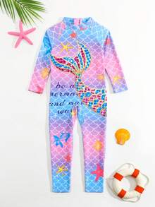 少女卡通美人鱼鳞片印花长袖拉链连体泳衣 - 彩色 - 查看 1