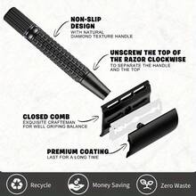 优质哑光黑色双刃剃须刀，男女皆宜，耐用金属手柄，可重复使用且便携，非常适合旅行，男士剃须必备品|便携式剃须刀|镀铂金刀片