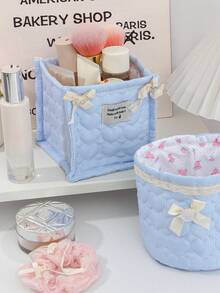 1 Cute Pink And Blue Three-Dimensional Bow Lace Storage Basket, Tabletop Miscellaneous Storage Basket, Waterproof Makeup Brush & Skincare Basket, Tabletop Decoration, Cosmetic Organization Rack, Portable Picnic Basket, Valentine's Day Gift - Multicolor - View 5