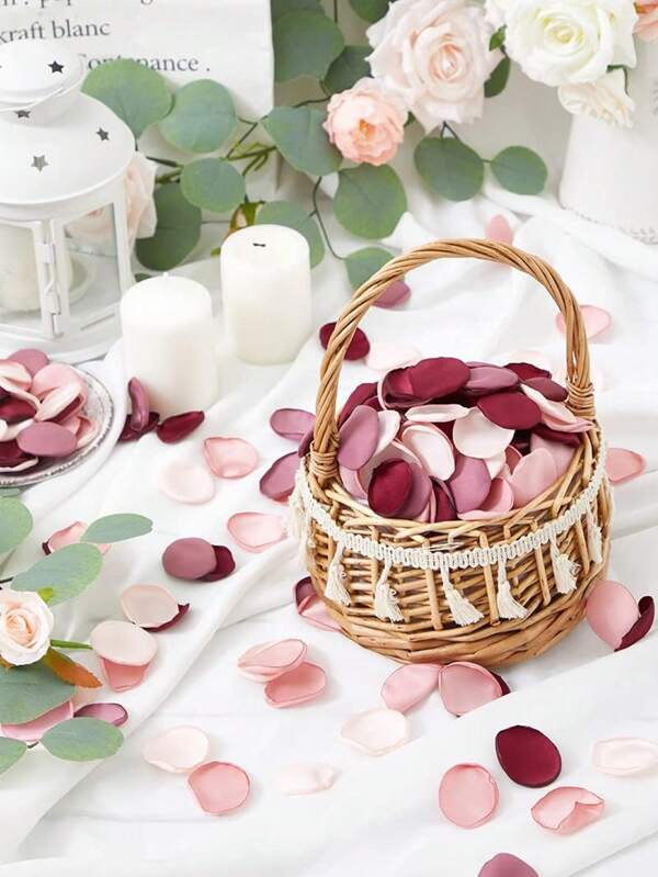 50/100/500 pétalos de rosa de seda, decoraciones de pasillo de boda de tela de satén para mesa de pastel/cesta de niña de las flores/ducha nupcial, flores dispersas románticas para ropa de cama (forma de tazón de 4 cm, mezcla de burdeos y crema)