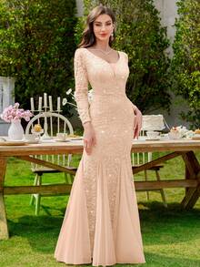 MIUSOL 亮片花卉蕾丝深V领长袖网纱美人鱼晚礼服，适合婚礼宾客、正式场合等，也适合情人节春季优雅派对。 - 香檳色 - 查看 12