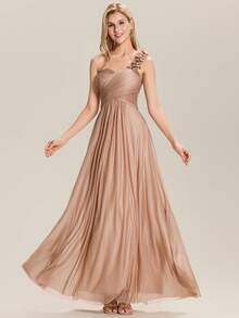 EVERPRETTY 花朵露肩带伴娘礼服，露背设计，优雅礼服，婚礼宾客礼服 - 玫瑰金 - 查看 2