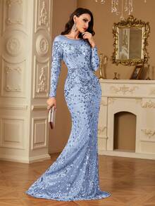 hezixi Stretchy Sequin Dress, Extremely Comfortable, Suitable For Different Figures, Sheer Round Neck Long Sleeve Fitted Mermaid Hem Design, Solid Color Elegant Luxury Maxi Dress For Women, Enhances Youthful Charm, Suitable For Various Parties, Graduations, Weddings And Other Occasions. - Màu xanh lam - Xem 1