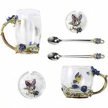 Flower Teacup Transparent Glass Teacup, (With Spoon   Lid), Fancy Tea Cups, Flower Tea Cup,Tea Cup Gift, Gifts For Women,Mother's Day Present,Gift Box. (Rose Blue High Cup) - 玫瑰藍高杯 - 查看 6