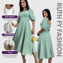Vestido Feminino Midi Com Manga Bufante Forrado Soltinho - Verde claro - Visão 6