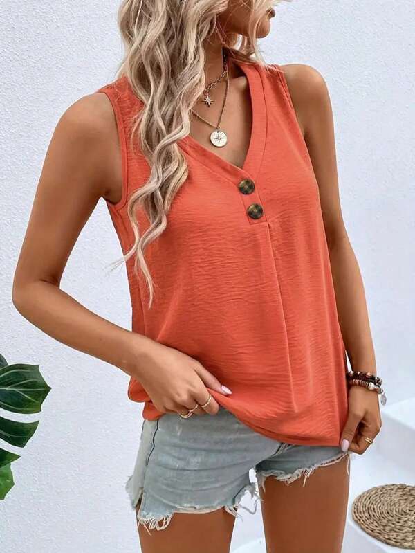 Plus Size Women Elegant Solid Color Sleeveless Button Front Tank Top
