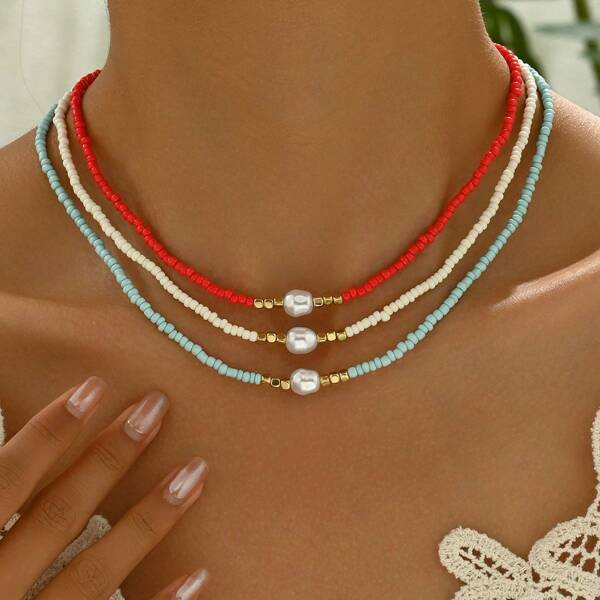 1 pièce Collier asymétrique bohème vintage avec perles factices, style simple et élégant pour femmes, convient pour les vacances, la plage, les cadeaux
