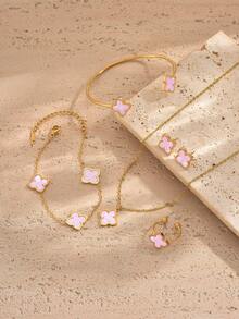 1 套不锈钢四叶草首饰套装包括手链项链耳环戒指手镯，采用 18K 镀亚克力制成，时尚适合日常、派对、节日佩戴 - 彩色 - 查看 7