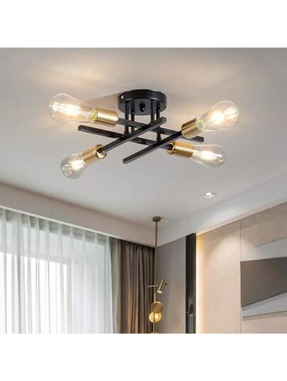 Lámpara de techo semiempotrada de 4 luces de mediados de siglo para cocina, dormitorio, sala, pasillo y comedor (4 luces en negro y dorado,bombillas no incluidas)