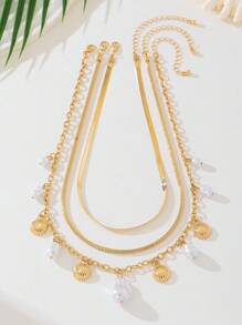 1 pieza Collar de colgante vintage con perla falsa estilo barroco y dije de concha metálica, collar de varias capas adecuado para uso diario, fiesta, regalo de cumpleaños, perfecto para mamá