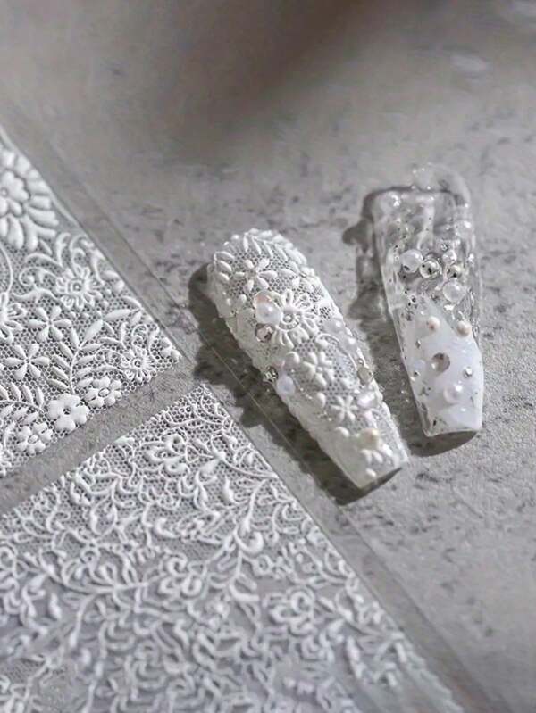 1pc/2pcs Lace Nail Stickers, Delicate And Refined Patterns, Firm Adhesion And Easy To Apply, Suitable For Beginners, Unique Gauze Texture, Lightweight And Dreamy, Multiple Lace Patterns, Meeting Different Style Needs, Suitable For Dates, Parties, Weddings And Other Romantic Occasions, Instantly Enhances Elegance And Charm