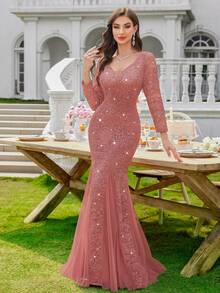 MIUSOL Đầm dạ hội/đầm dự tiệc cưới/đầm trang trọng, cổ chữ V sâu, tay dài, chất liệu lưới, phối ren hoa, đính sequin, dáng đuôi cá, thích hợp cho tiệc Valentine mùa xuân thanh lịch. - Bụi hồng - Xem 11