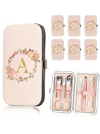 7pcs/Set Nail Clipper Set With Golden Floral & Initial Design,Portable Organizer Case Included Large Capacity Nail Care Box Storage Box, With Stainless Steel Tools, Ultra Sharp And Splash Free Nail Clipper Set, Classic Design Cutting Box, Used For Mobile Beauty Essentials, Travel, Outings, Residential School And Home Essentials