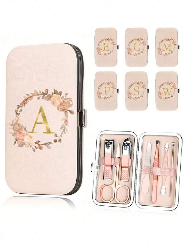 Set de 7 piezas de cortaúñas con diseño floral dorado y diseño inicial, incluye estuche organizador portátil de gran capacidad para el cuidado de las uñas, con herramientas de acero inoxidable, cortaúñas ultra afilados y a prueba de salpicaduras, caja de corte de diseño clásico, utilizado para esenciales de belleza móvil, viajes, salidas, escuela residencial y artículos esenciales para el hogar