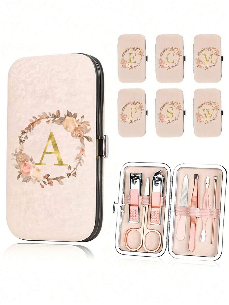 7件套指甲钳套装，金色花卉字母图案，含便携收纳盒，大容量指甲护理盒，不锈钢工具，超锋利防溅指甲钳套装，经典设计剪钳盒，适用于移动美容、旅行、外出、居家学习等场合。 - 米色 - 查看 1