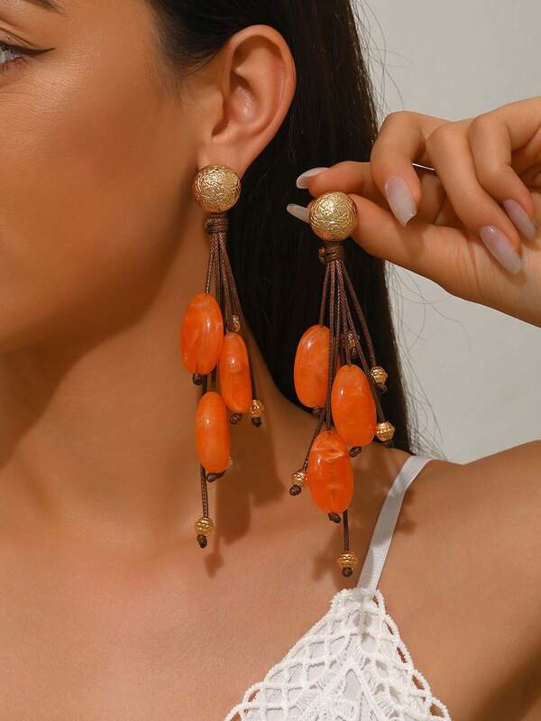 2pcs Sexy & Elegant Bohemian Amber-Color Resin Jade-Look Olive Beads Pendant Hoop Earrings, Vintage Floral, DIY Tassels, Suitable For Party & Holiday Wear, Designed For Sexy Glamour Girls. Please Be Cautious When Purchasing If You Mind The Large Size. Each Resin Bead Has Unique Color And Pattern, And May Have Molding Marks And Pouring Holes, Which Are Normal.