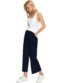 Womens Wide Leg Linen Pants High Waisted Drawstring Flowy Casual Crop Trousers With Pockets Back To School Halloween Christmas New Year - 深藍色 - 查看 4