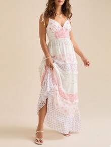 Women Floral Tie Shoulder Maxi Dress Deep V Neck Spaghetti Strap Backless A-Line Layered Ruffled Long Dresses - Pink - View 5