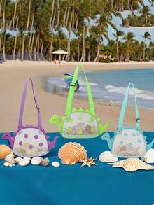 适合青少年的彩色恐龙形沙滩包 - 轻便、可折叠，配有可调节肩带、网袋、拉链封口 - 恐龙形沙滩包户外储物袋可爱旅行单肩包恐龙形背包玩具储物袋、沙滩玩具网状沙滩包贝壳包恐龙沙滩沙玩具手提袋用于存放贝壳沙滩玩具 - 彩色 - 查看 7
