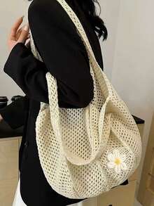 春季新款女士编织包，时尚托特包手提包单肩网袋，时尚百搭沙滩旅行包 - 米色 - 查看 3
