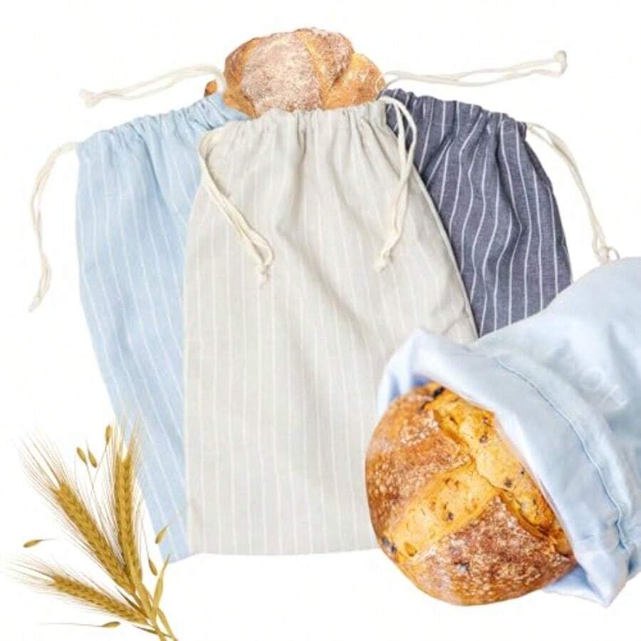 Reusable Linen Bread Bags 3 Pack XL 16.5 X 12 In For Homemade Bread Storage - StripedPattern - View 1