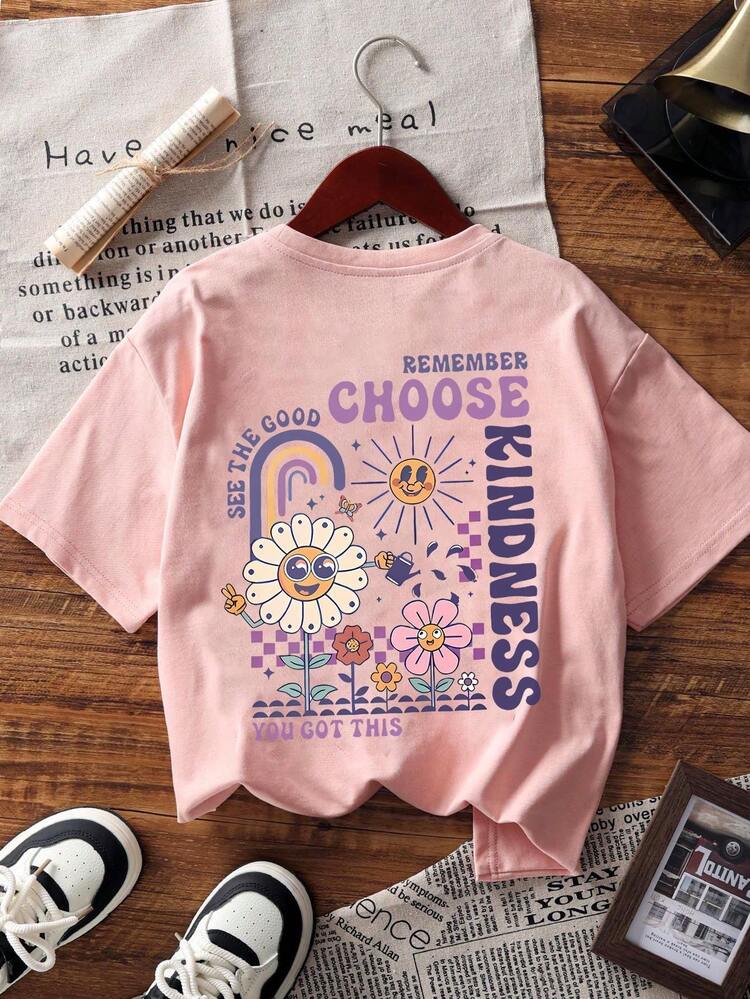 1pc Tween Girl Printed Pullover Short Sleeve T-Shirt, Student Young Kid's Comfortable & Fashionable Summer Top - Pink - View 3