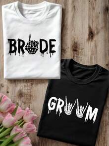 1 PC Skull Bride And Groom T-Shirts, Retro Bride And Groom To Be Gift, Bride Groom Matching Shirts, Bridal Shower Gift, Halloween Wedding Tees MAPA47 - 黑色T卹新郎 - 查看 1