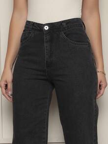 Women's Wide Leg Jeans, 100% Denim Fabric, High Waist On - 燧石 - 查看 2