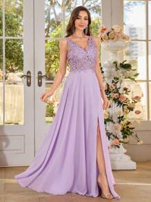 性感深 V 领蕾丝晚礼服优雅正式舞会婚礼宾客礼服，适合毕业典礼、晚宴、露背水钻礼服