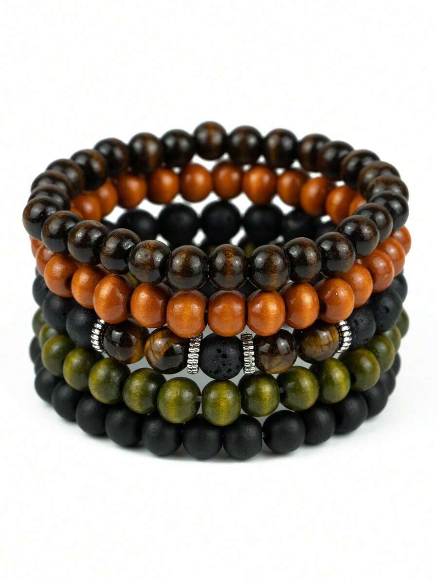 5 件套多层天然虎眼石和木珠手链，适合男士日常佩戴或作为节日礼物 - 彩色 - 查看 1