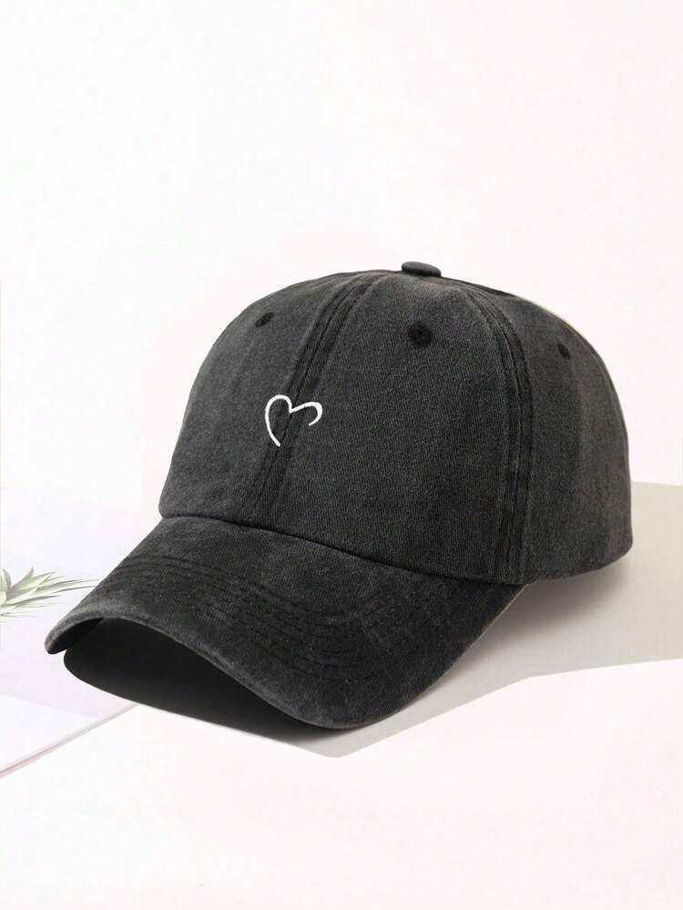 1pc Unisex Heart Embroidered Soft Top Baseball Cap, Adjustable, Breathable Outdoor Hat For Sunshade, Gift For Outdoor, Sports, Camping, Vacation - Black - View 2