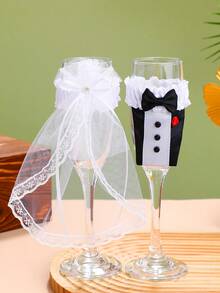 2pcs/Set Wedding Champagne Glasses Decor For Bride And Groom - Toasting Bridal Shower Gifts - Mr And Mrs Wedding Red Wine Bottle Accessories- Set Of 2 - Multicolor - View 6