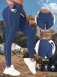 Women's Outdoor 7/8 Tight Cycling Pants With Pockets, High Waist Squat-Proof Yoga Leggings For Daily Wear, Navy Blue
