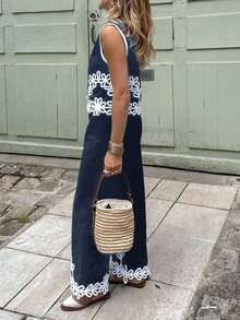 PoPoHouse 女士两件套波西米亚风刺绣蕾丝无袖上衣和阔腿裤套装 - 藏蓝色 - 查看 5