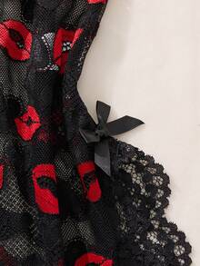 قميص نوم من الدانتيل بلون شفاه أحمر متعدد الألوان للنساء - الأسود - مشاهدة 4