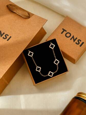 TONSI 1 szt. Elegancka bransoletka ze stali nierdzewnej 18K pozłacana w stylu koreańskim z 5-listną koniczyną, pudełko na prezent, odpowiednia dla kobiet, do codziennego noszenia lub na okazję