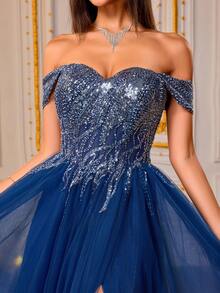 VIPGIRL Royal Blue Sequin Off Shoulder Tulle Evening Gown With High Slit, Elegant Princess Style Long Prom Dress, Luxury Formal Dresses For Women, Gala Party Outfit, Dreamy Ball Gown, For Wedding Guest - Navy Blue - View 1